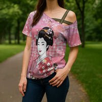 Japanese Geisha Cherry Blossom Cross Shoulder Shirt Pink Palaka Hawaii Pattern Fusion Design LT19 - Polynesian Pride