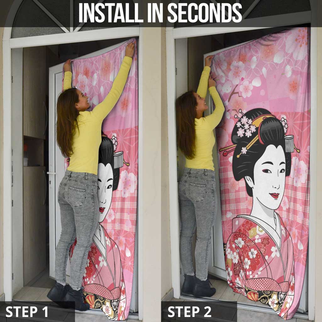 Japanese Geisha Cherry Blossom Door Cover Pink Palaka Hawaii Pattern Fusion Design LT19 - Polynesian Pride