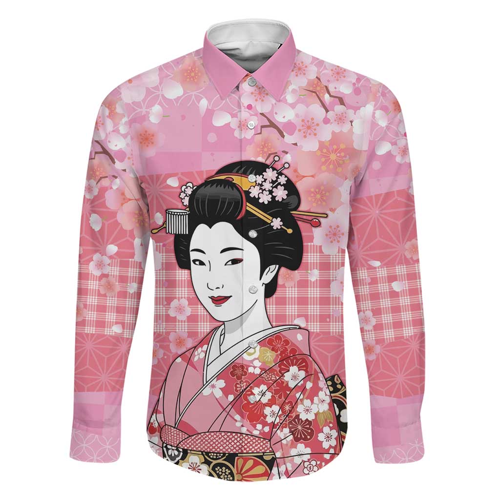 Japanese Geisha Cherry Blossom Family Matching Long Sleeve Bodycon Dress and Hawaiian Shirt Pink Palaka Hawaii Pattern Fusion Design