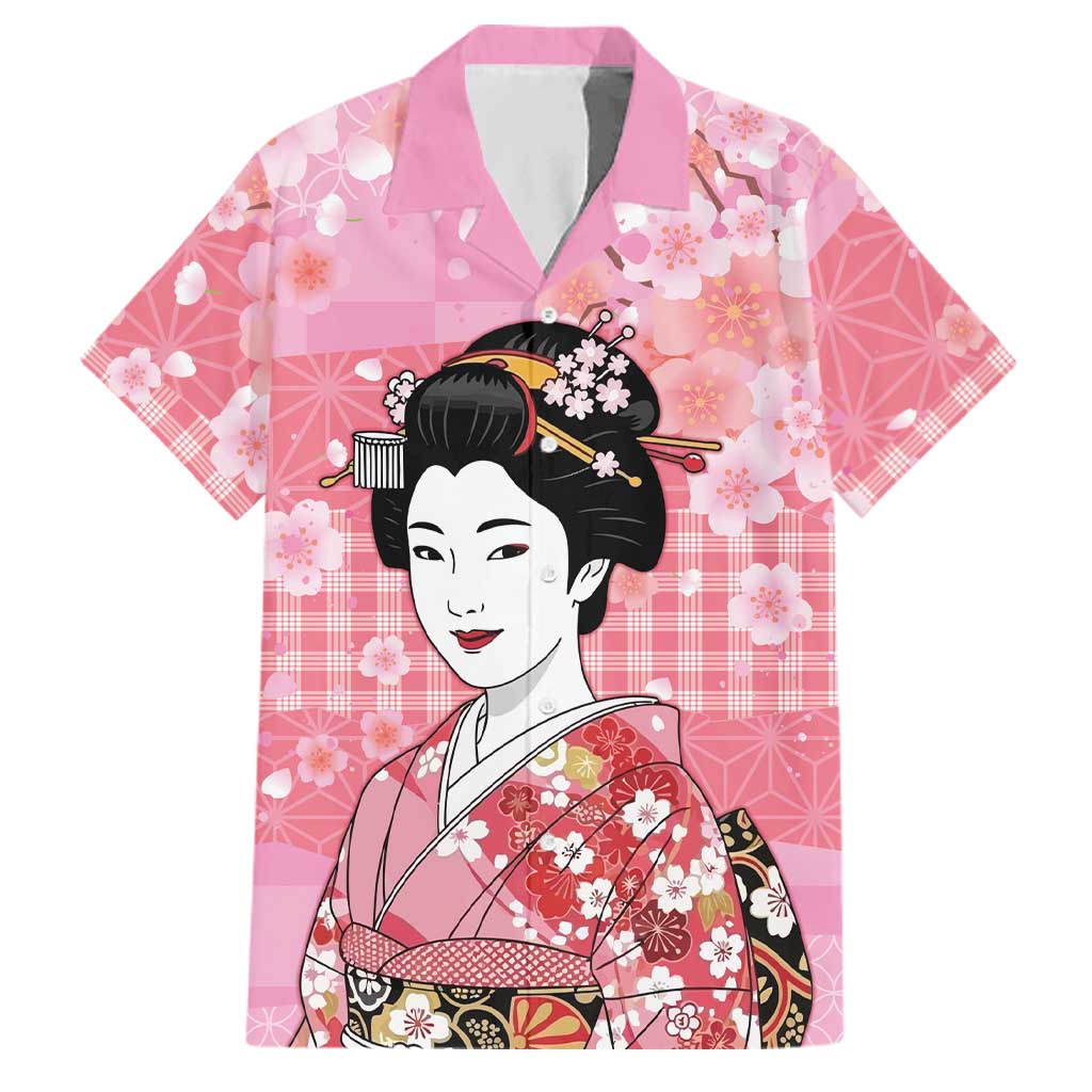 Japanese Geisha Cherry Blossom Family Matching Mermaid Dress and Hawaiian Shirt Pink Palaka Hawaii Pattern Fusion Design