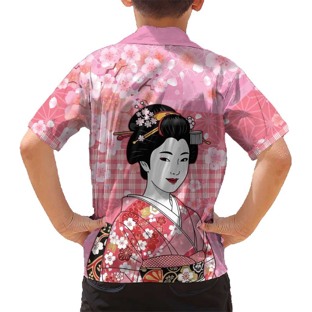 Japanese Geisha Cherry Blossom Family Matching Off The Shoulder Long Sleeve Dress and Hawaiian Shirt Pink Palaka Hawaii Pattern Fusion Design