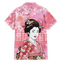 Japanese Geisha Cherry Blossom Family Matching Off The Shoulder Long Sleeve Dress and Hawaiian Shirt Pink Palaka Hawaii Pattern Fusion Design