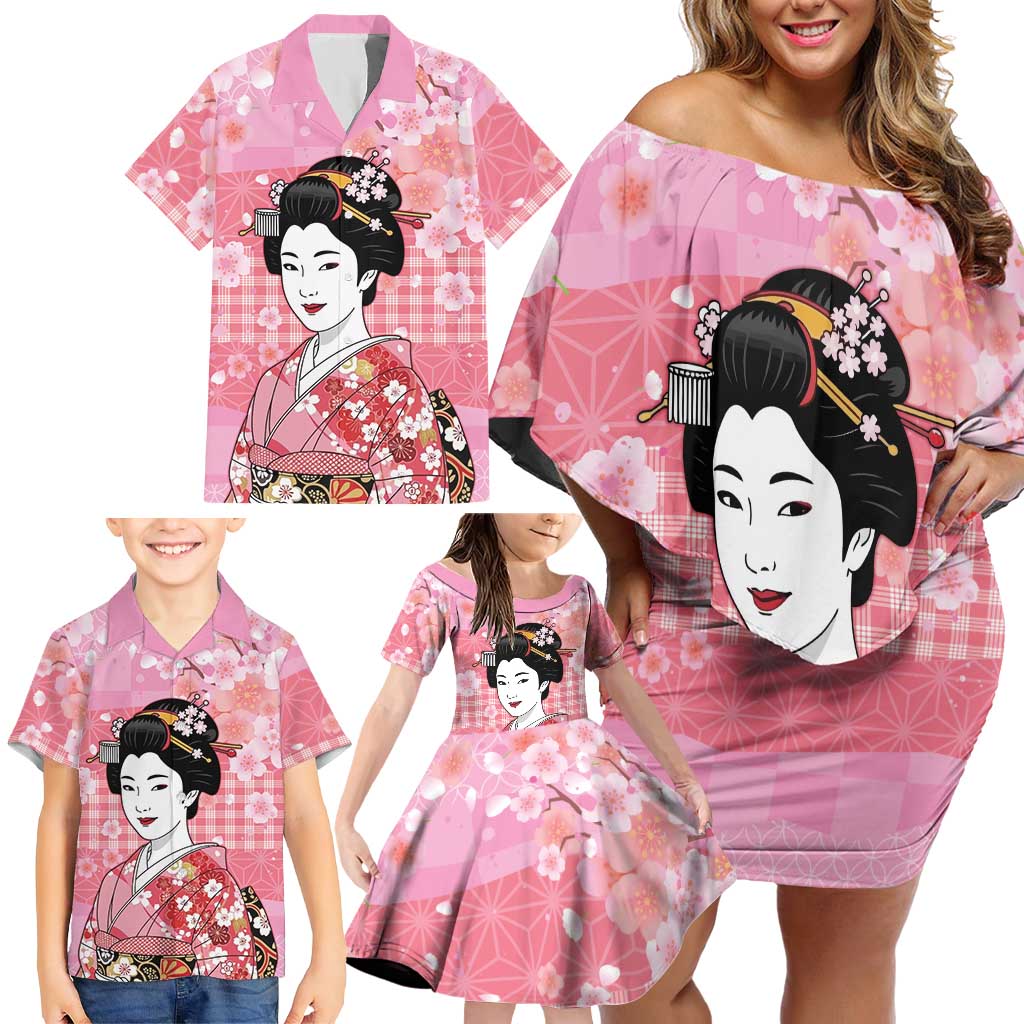 Japanese Geisha Cherry Blossom Family Matching Off Shoulder Short Dress and Hawaiian Shirt Pink Palaka Hawaii Pattern Fusion Design