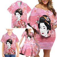 Japanese Geisha Cherry Blossom Family Matching Off Shoulder Short Dress and Hawaiian Shirt Pink Palaka Hawaii Pattern Fusion Design