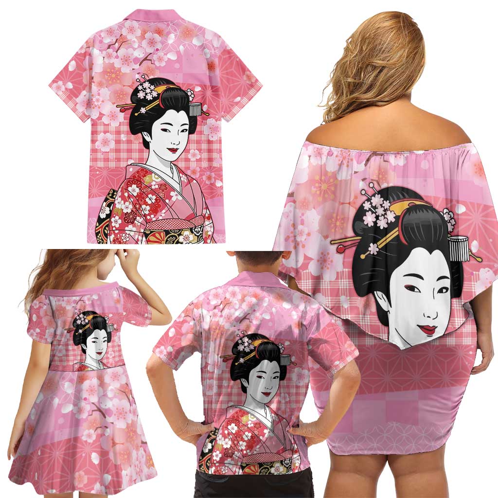 Japanese Geisha Cherry Blossom Family Matching Off Shoulder Short Dress and Hawaiian Shirt Pink Palaka Hawaii Pattern Fusion Design