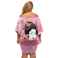 Japanese Geisha Cherry Blossom Family Matching Off Shoulder Short Dress and Hawaiian Shirt Pink Palaka Hawaii Pattern Fusion Design
