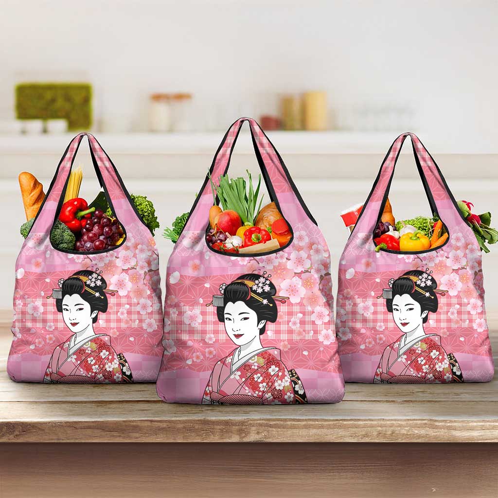 Japanese Geisha Cherry Blossom Grocery Bag Pink Palaka Hawaii Pattern Fusion Design LT19 3-pack One Size Pink - Polynesian Pride