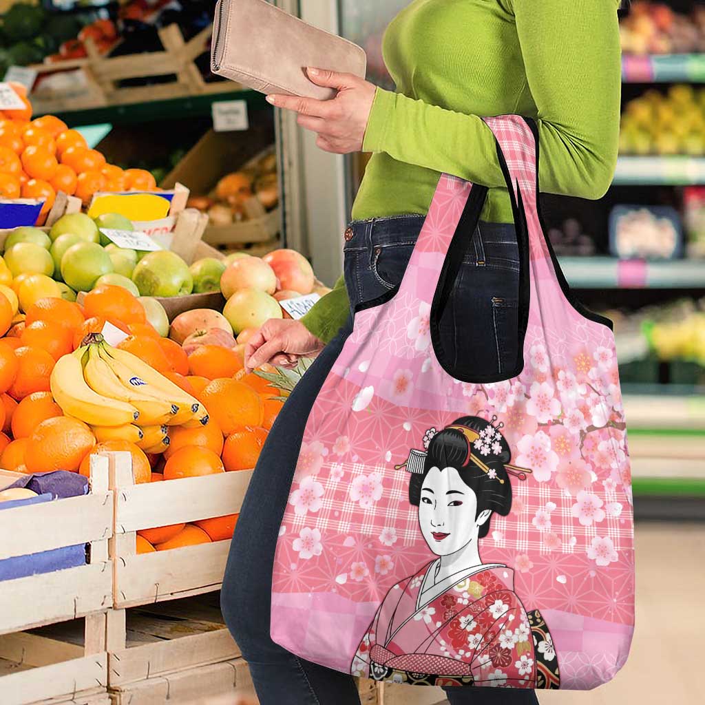 Japanese Geisha Cherry Blossom Grocery Bag Pink Palaka Hawaii Pattern Fusion Design LT19 - Polynesian Pride