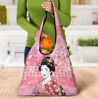 Japanese Geisha Cherry Blossom Grocery Bag Pink Palaka Hawaii Pattern Fusion Design LT19 - Polynesian Pride