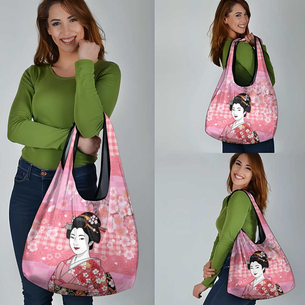 Japanese Geisha Cherry Blossom Grocery Bag Pink Palaka Hawaii Pattern Fusion Design LT19 - Polynesian Pride