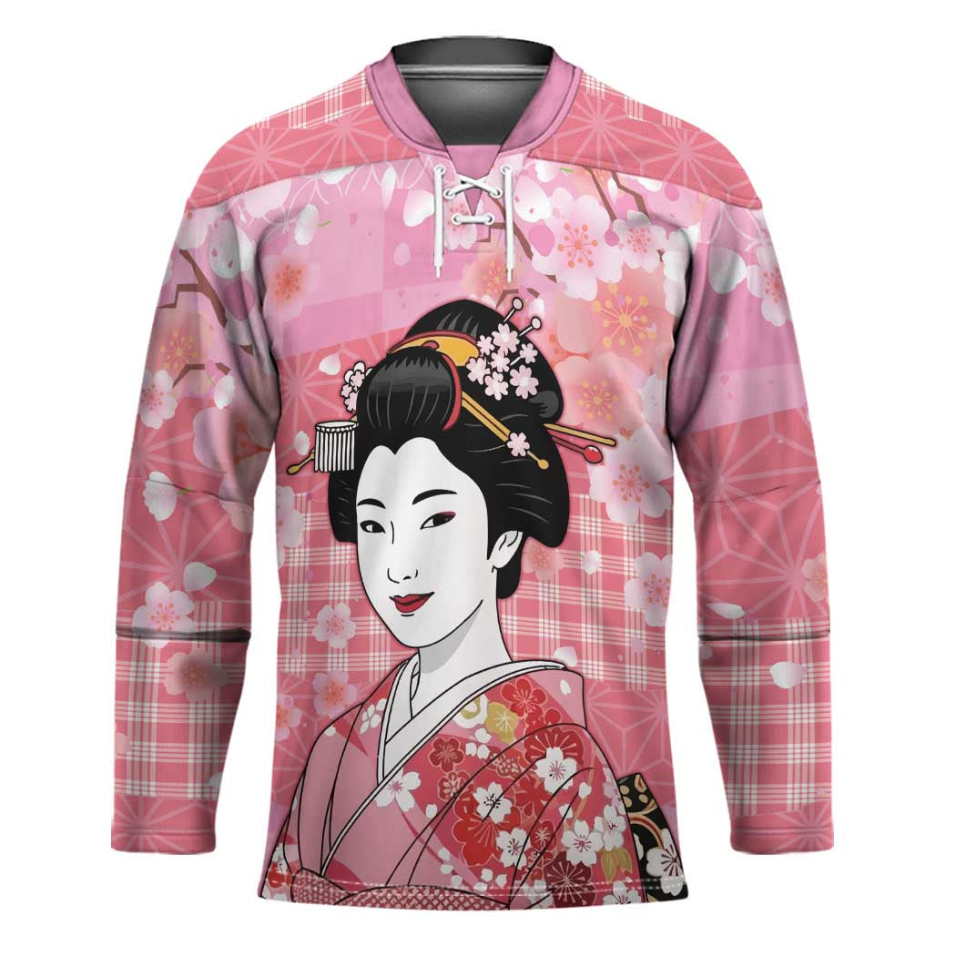 Japanese Geisha Cherry Blossom Hockey Jersey Pink Palaka Hawaii Pattern Fusion Design LT19 Unisex Pink - Polynesian Pride