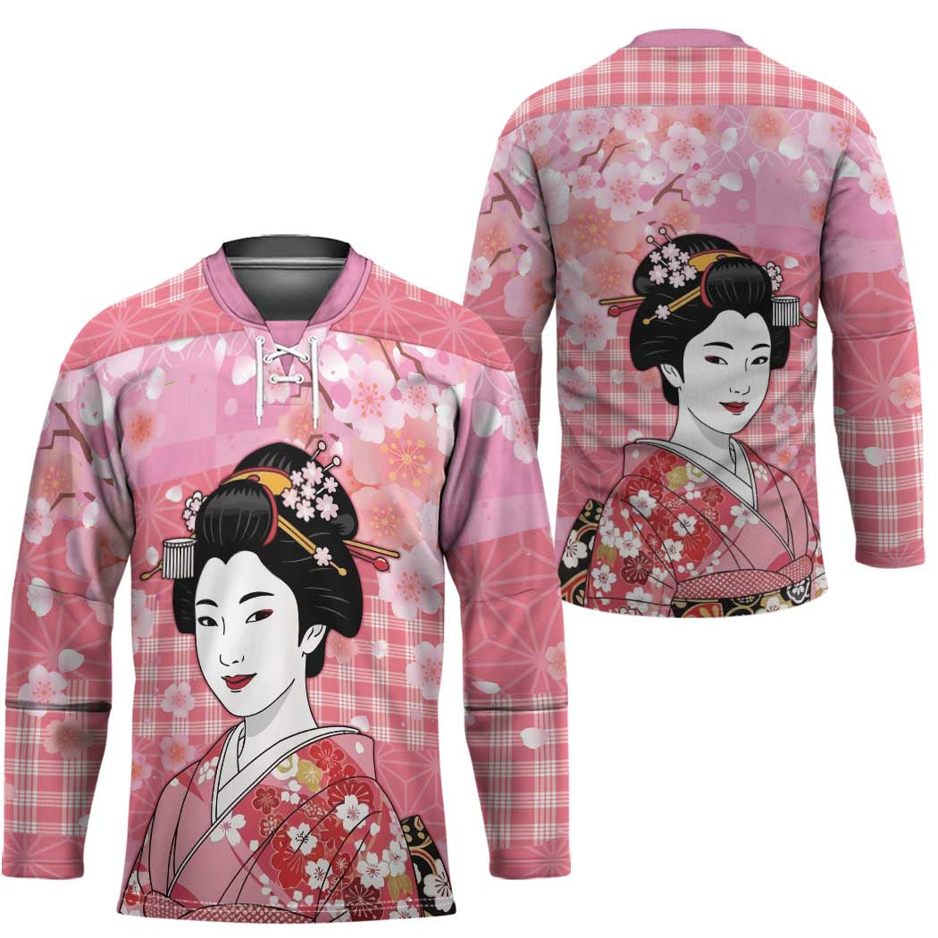 Japanese Geisha Cherry Blossom Hockey Jersey Pink Palaka Hawaii Pattern Fusion Design LT19 - Polynesian Pride