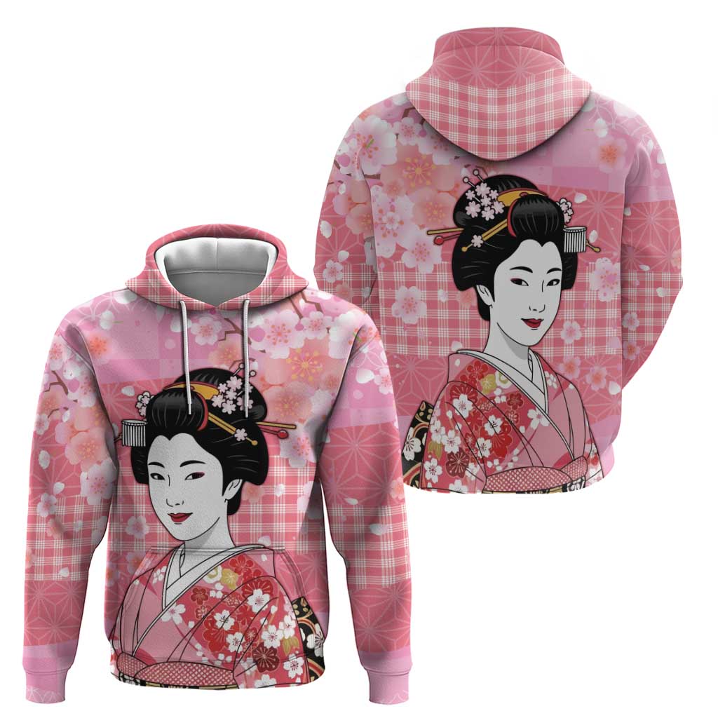 Japanese Geisha Cherry Blossom Hoodie Pink Palaka Hawaii Pattern Fusion Design LT19 - Polynesian Pride