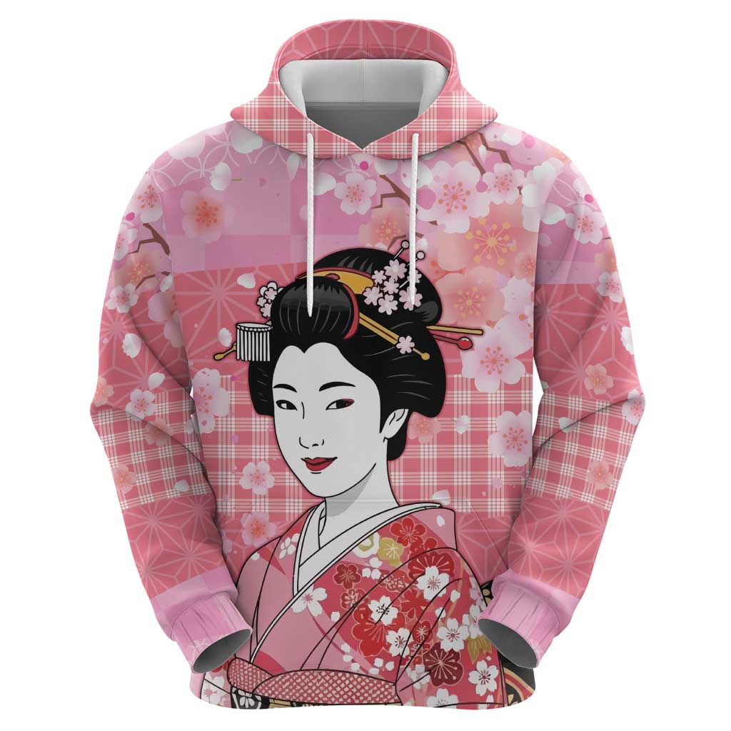 Japanese Geisha Cherry Blossom Hoodie Pink Palaka Hawaii Pattern Fusion Design LT19 - Polynesian Pride