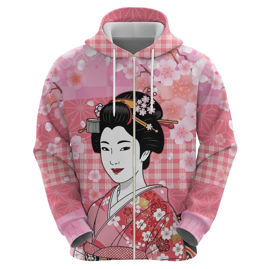 Japanese Geisha Cherry Blossom Hoodie Pink Palaka Hawaii Pattern Fusion Design LT19 - Polynesian Pride