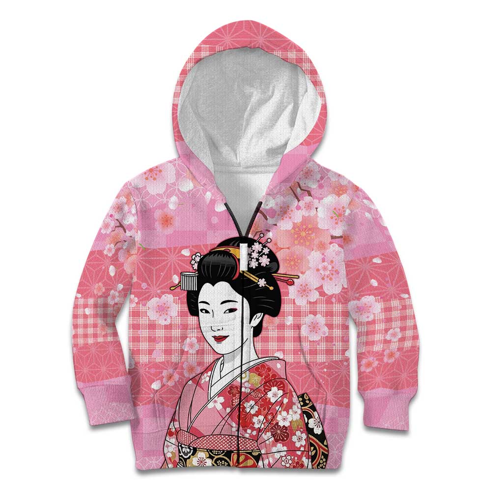 Japanese Geisha Cherry Blossom Kid Hoodie Pink Palaka Hawaii Pattern Fusion Design LT19 Zip Hoodie Pink - Polynesian Pride