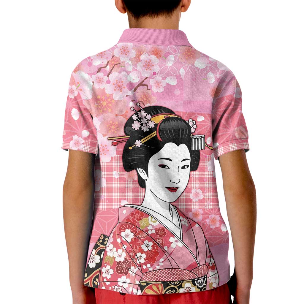 Japanese Geisha Cherry Blossom Kid Polo Shirt Pink Palaka Hawaii Pattern Fusion Design LT19 - Polynesian Pride