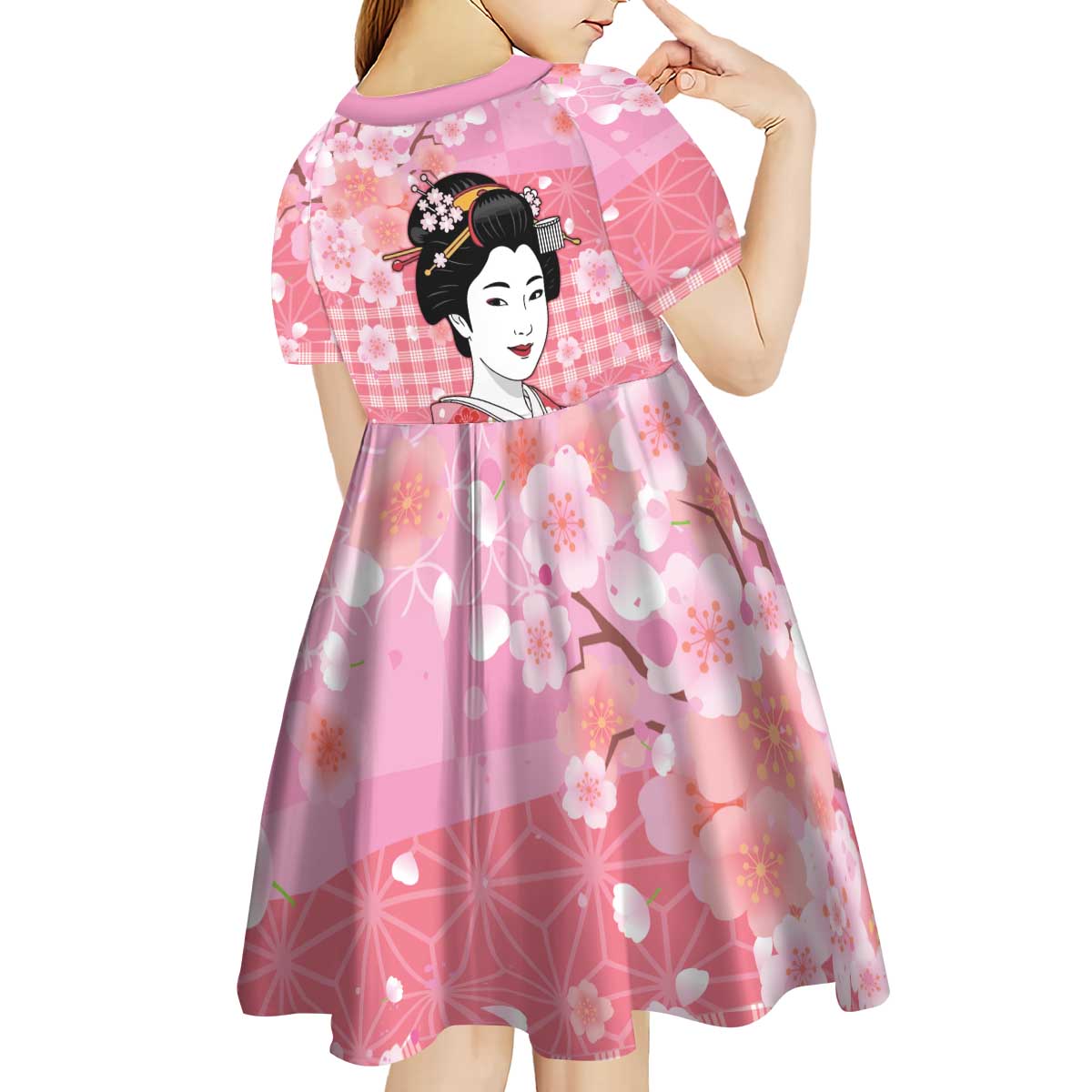Japanese Geisha Cherry Blossom Kid Short Sleeve Dress Pink Palaka Hawaii Pattern Fusion Design