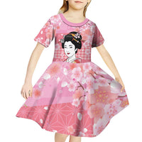 Japanese Geisha Cherry Blossom Kid Short Sleeve Dress Pink Palaka Hawaii Pattern Fusion Design