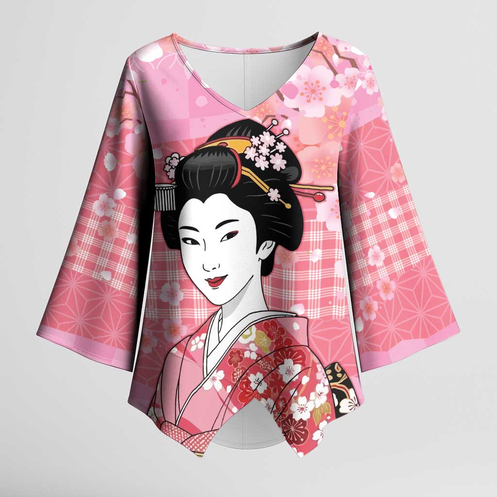 Japanese Geisha Cherry Blossom Kimono Sleeve Blouse Pink Palaka Hawaii Pattern Fusion Design LT19 Female Pink - Polynesian Pride
