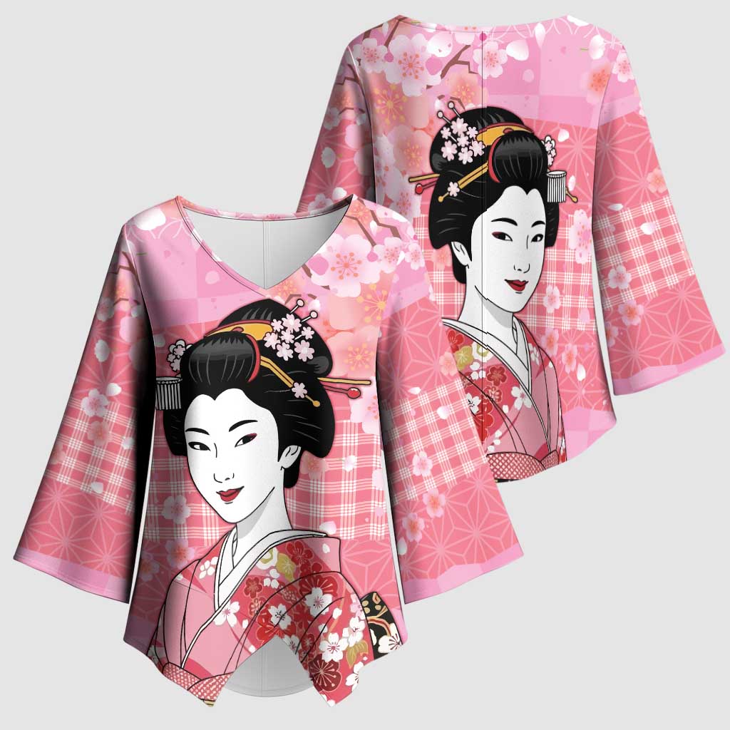 Japanese Geisha Cherry Blossom Kimono Sleeve Blouse Pink Palaka Hawaii Pattern Fusion Design LT19 - Polynesian Pride