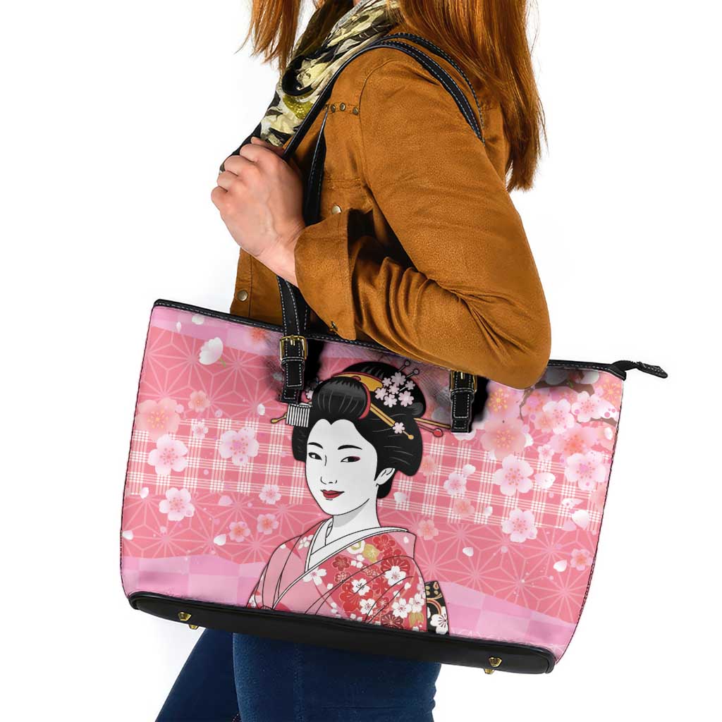Japanese Geisha Cherry Blossom Leather Tote Bag Pink Palaka Hawaii Pattern Fusion Design LT19 Pink - Polynesian Pride