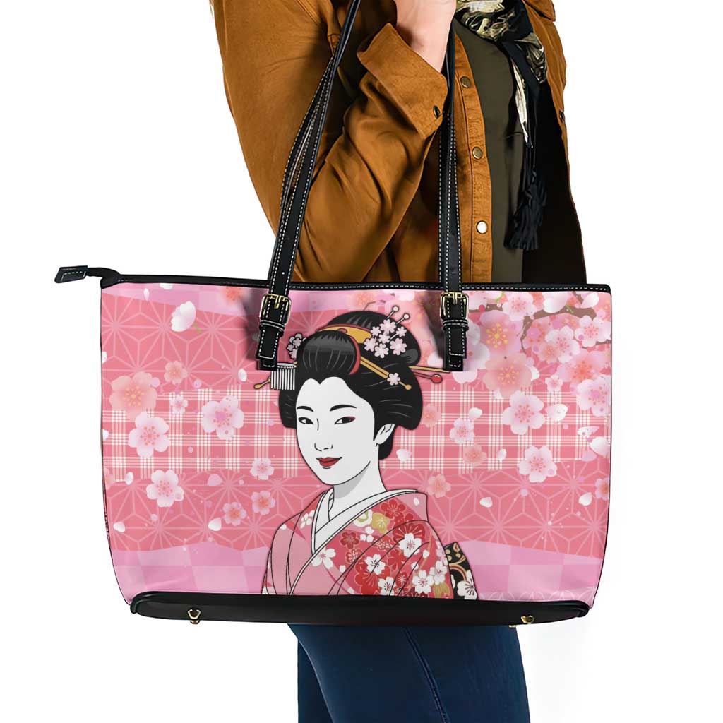 Japanese Geisha Cherry Blossom Leather Tote Bag Pink Palaka Hawaii Pattern Fusion Design LT19 - Polynesian Pride