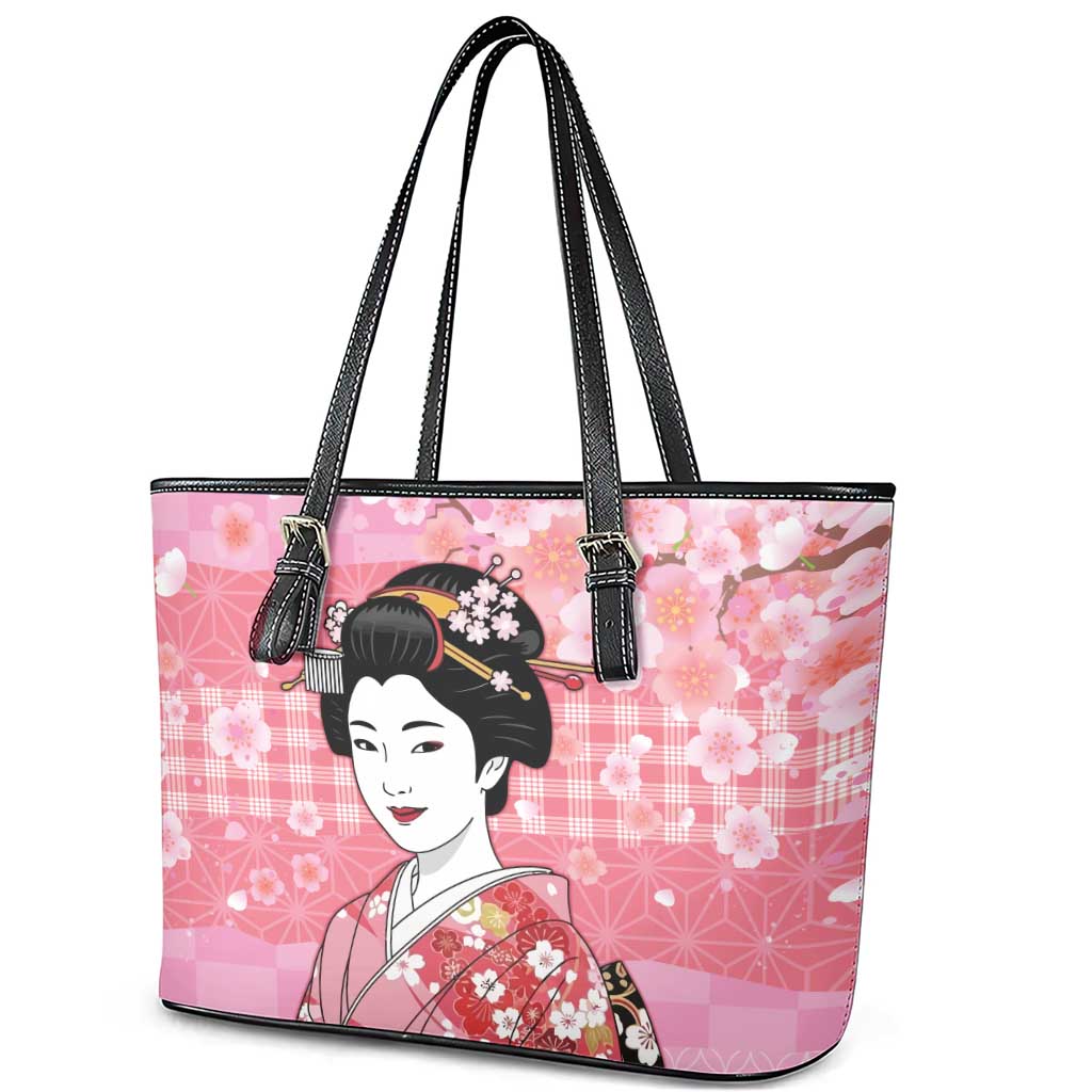 Japanese Geisha Cherry Blossom Leather Tote Bag Pink Palaka Hawaii Pattern Fusion Design LT19 - Polynesian Pride