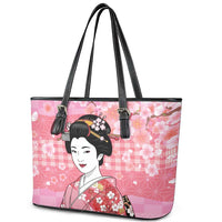 Japanese Geisha Cherry Blossom Leather Tote Bag Pink Palaka Hawaii Pattern Fusion Design LT19 - Polynesian Pride