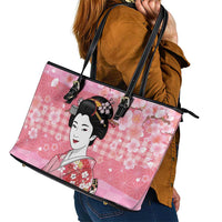Japanese Geisha Cherry Blossom Leather Tote Bag Pink Palaka Hawaii Pattern Fusion Design LT19 - Polynesian Pride