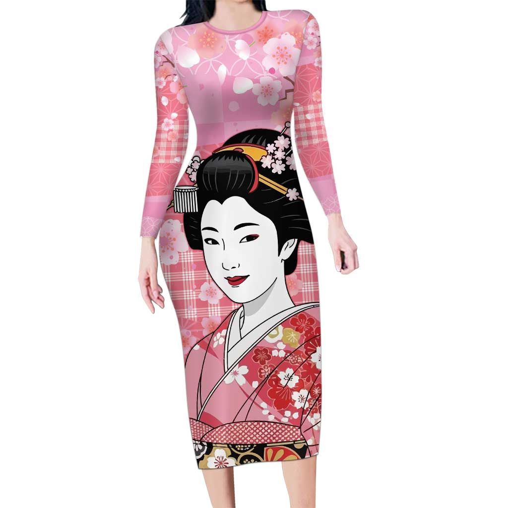 Japanese Geisha Cherry Blossom Long Sleeve Bodycon Dress Pink Palaka Hawaii Pattern Fusion Design LT19 Long Dress Pink - Polynesian Pride