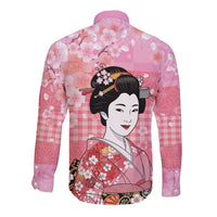 Japanese Geisha Cherry Blossom Long Sleeve Button Shirt Pink Palaka Hawaii Pattern Fusion Design LT19 - Polynesian Pride