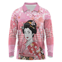 Japanese Geisha Cherry Blossom Long Sleeve Polo Shirt Pink Palaka Hawaii Pattern Fusion Design LT19 Pink - Polynesian Pride