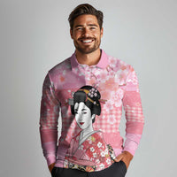 Japanese Geisha Cherry Blossom Long Sleeve Polo Shirt Pink Palaka Hawaii Pattern Fusion Design LT19 - Polynesian Pride