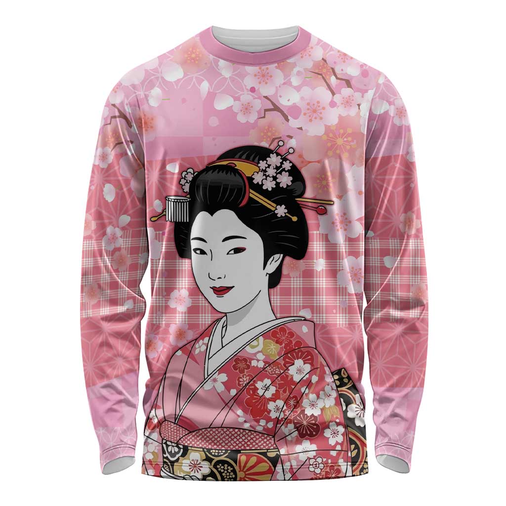 Japanese Geisha Cherry Blossom Long Sleeve Shirt Pink Palaka Hawaii Pattern Fusion Design LT19 Unisex Pink - Polynesian Pride