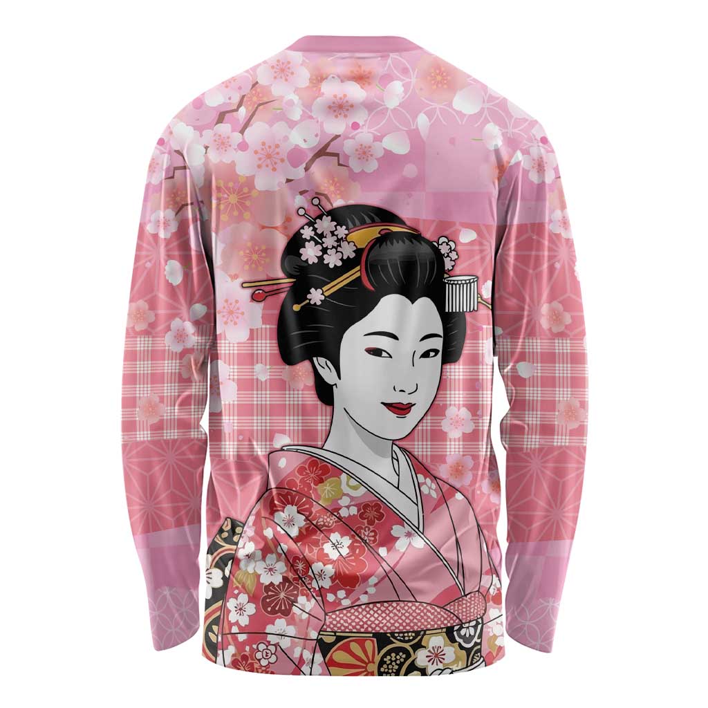 Japanese Geisha Cherry Blossom Long Sleeve Shirt Pink Palaka Hawaii Pattern Fusion Design LT19 - Polynesian Pride