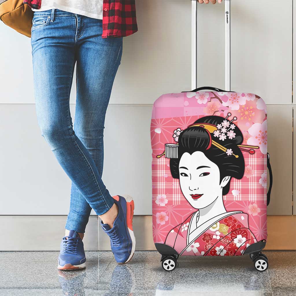 Japanese Geisha Cherry Blossom Luggage Cover Pink Palaka Hawaii Pattern Fusion Design LT19 - Polynesian Pride