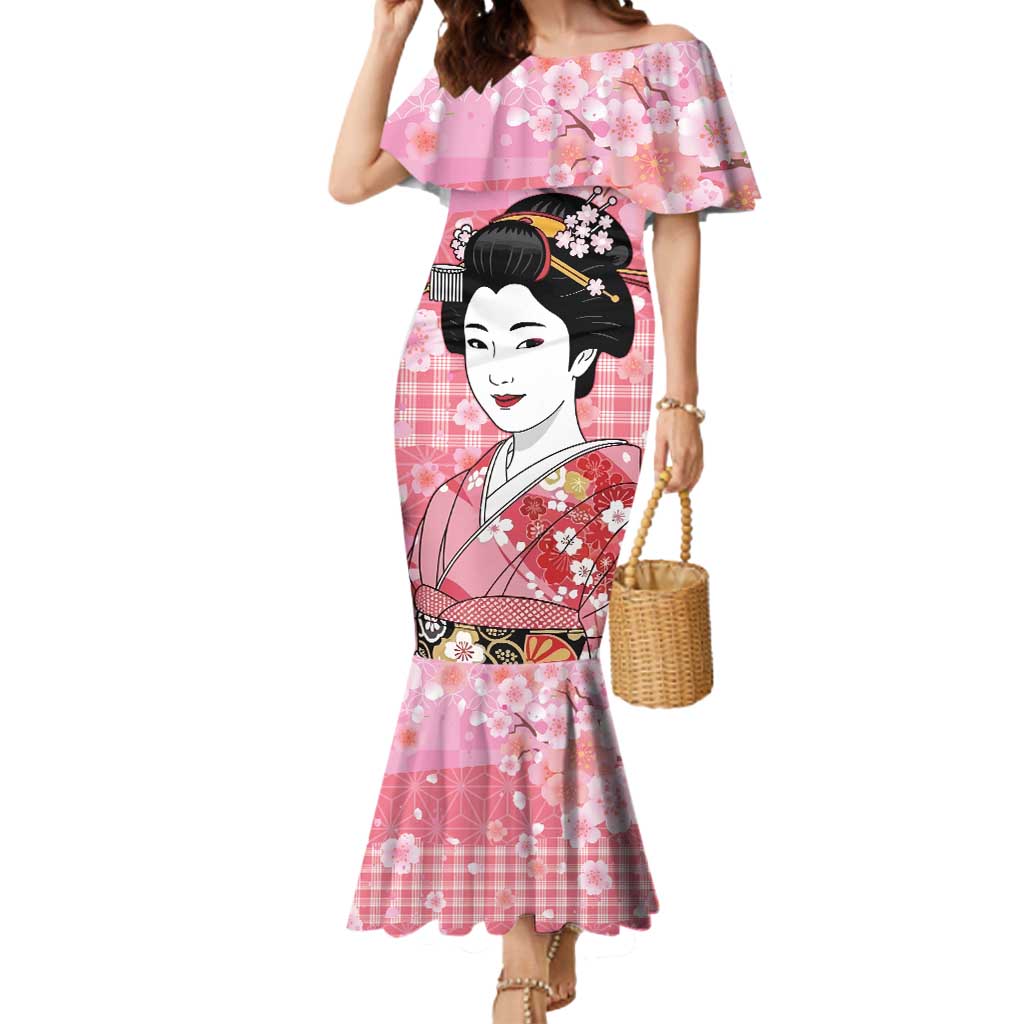 Japanese Geisha Cherry Blossom Mermaid Dress Pink Palaka Hawaii Pattern Fusion Design LT19 Women Pink - Polynesian Pride