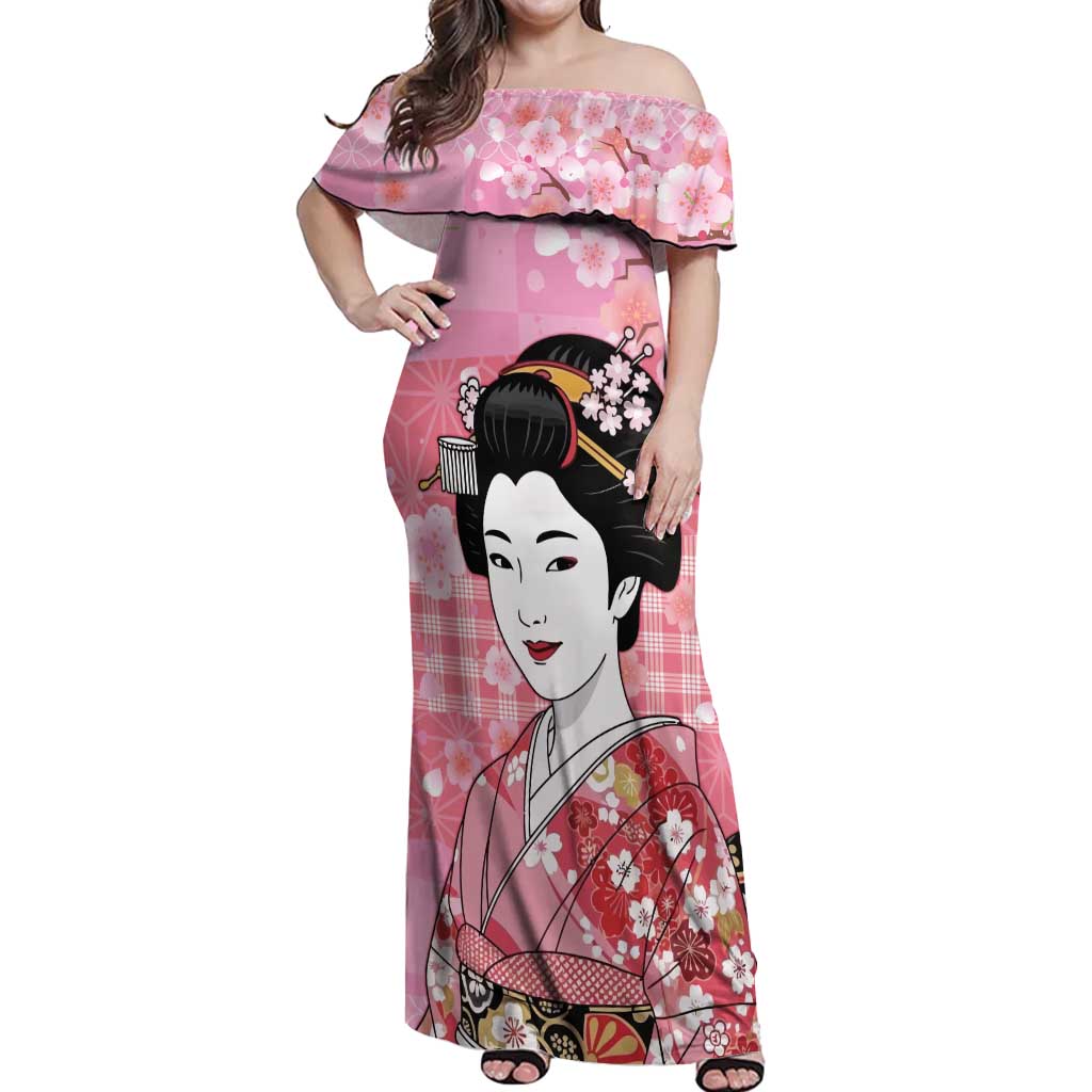 Japanese Geisha Cherry Blossom Off Shoulder Maxi Dress Pink Palaka Hawaii Pattern Fusion Design LT19 Women Pink - Polynesian Pride