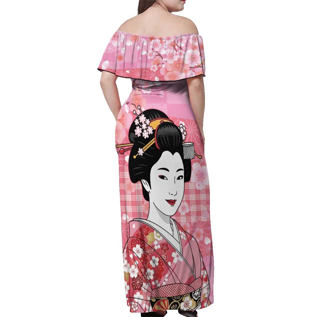 Japanese Geisha Cherry Blossom Off Shoulder Maxi Dress Pink Palaka Hawaii Pattern Fusion Design LT19 - Polynesian Pride