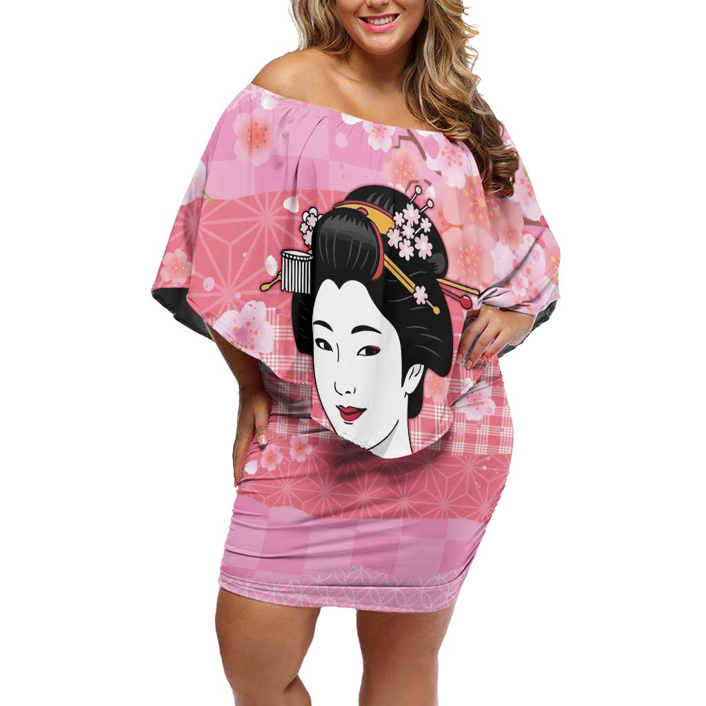 Japanese Geisha Cherry Blossom Off Shoulder Short Dress Pink Palaka Hawaii Pattern Fusion Design LT19 Women Pink - Polynesian Pride
