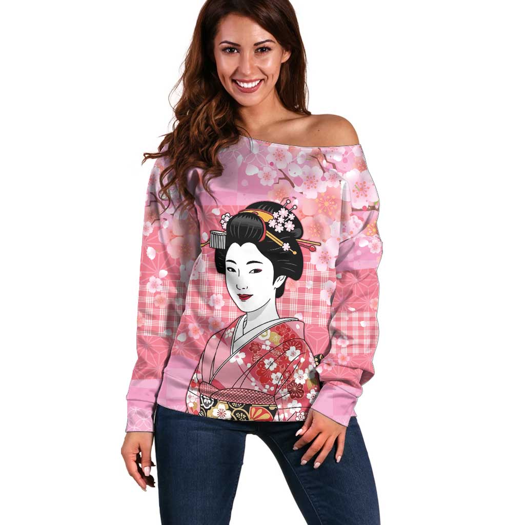 Japanese Geisha Cherry Blossom Off Shoulder Sweater Pink Palaka Hawaii Pattern Fusion Design LT19 Women Pink - Polynesian Pride