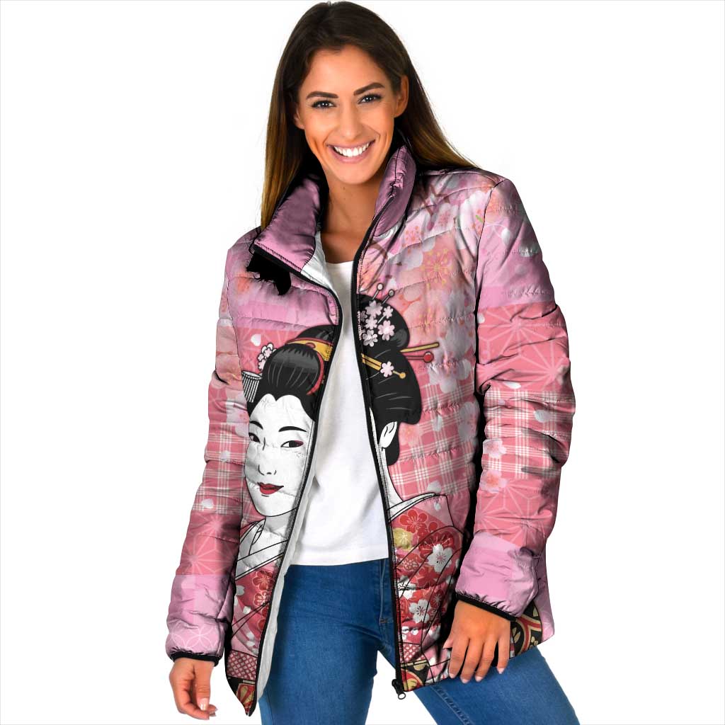 Japanese Geisha Cherry Blossom Padded Jacket Pink Palaka Hawaii Pattern Fusion Design LT19 Women Pink - Polynesian Pride