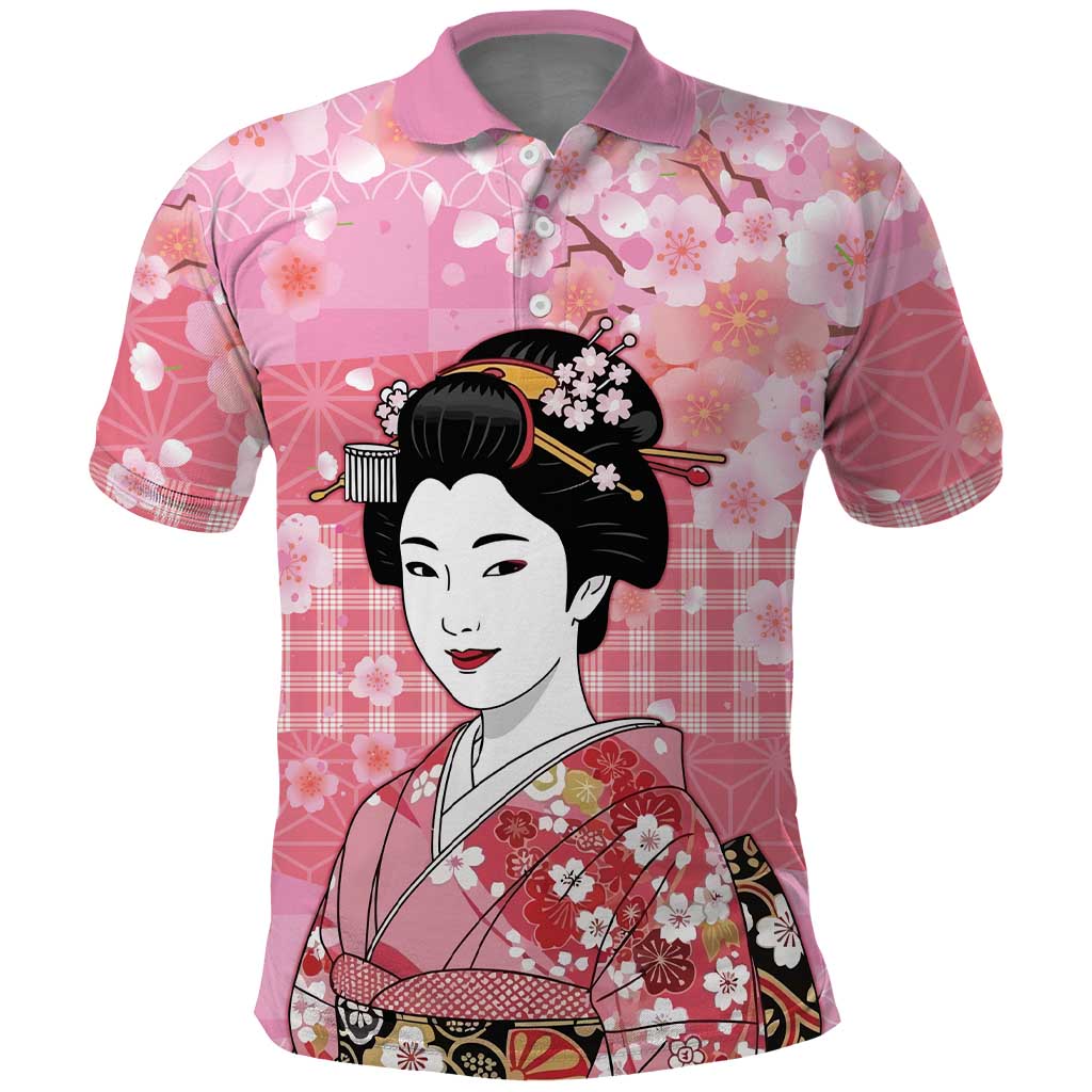 Japanese Geisha Cherry Blossom Polo Shirt Pink Palaka Hawaii Pattern Fusion Design LT19 Pink - Polynesian Pride