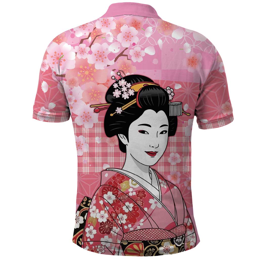 Japanese Geisha Cherry Blossom Polo Shirt Pink Palaka Hawaii Pattern Fusion Design LT19 - Polynesian Pride