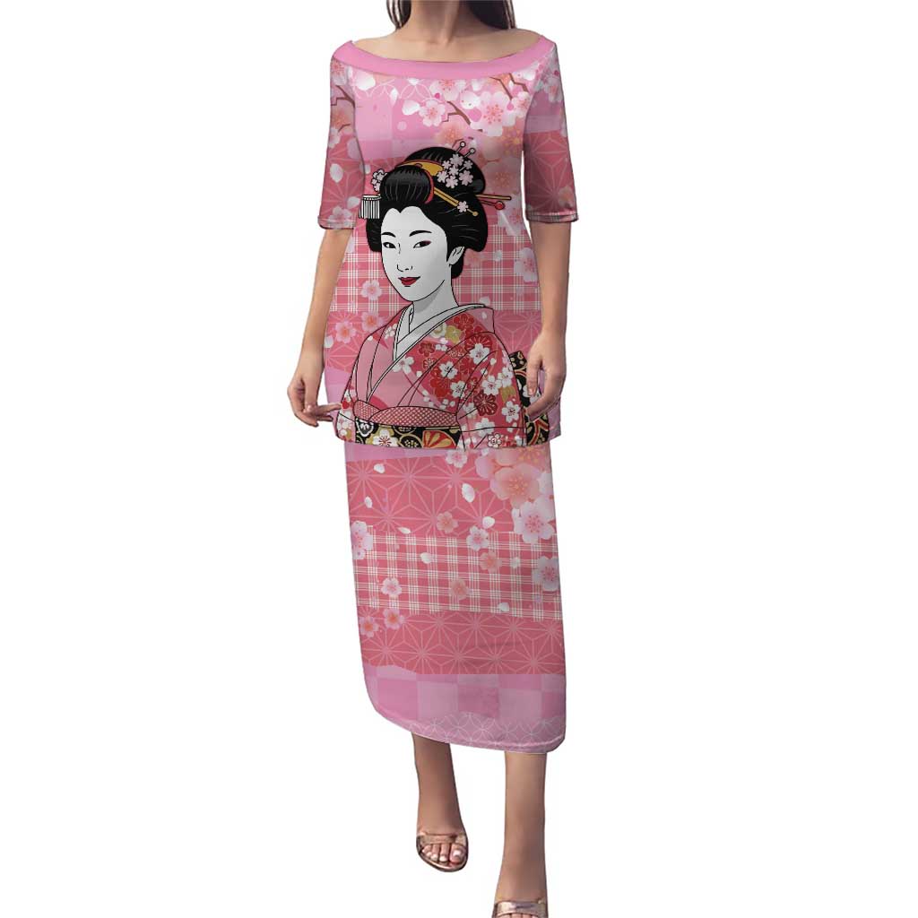 Japanese Geisha Cherry Blossom Puletasi Pink Palaka Hawaii Pattern Fusion Design LT19 Long Dress Pink - Polynesian Pride