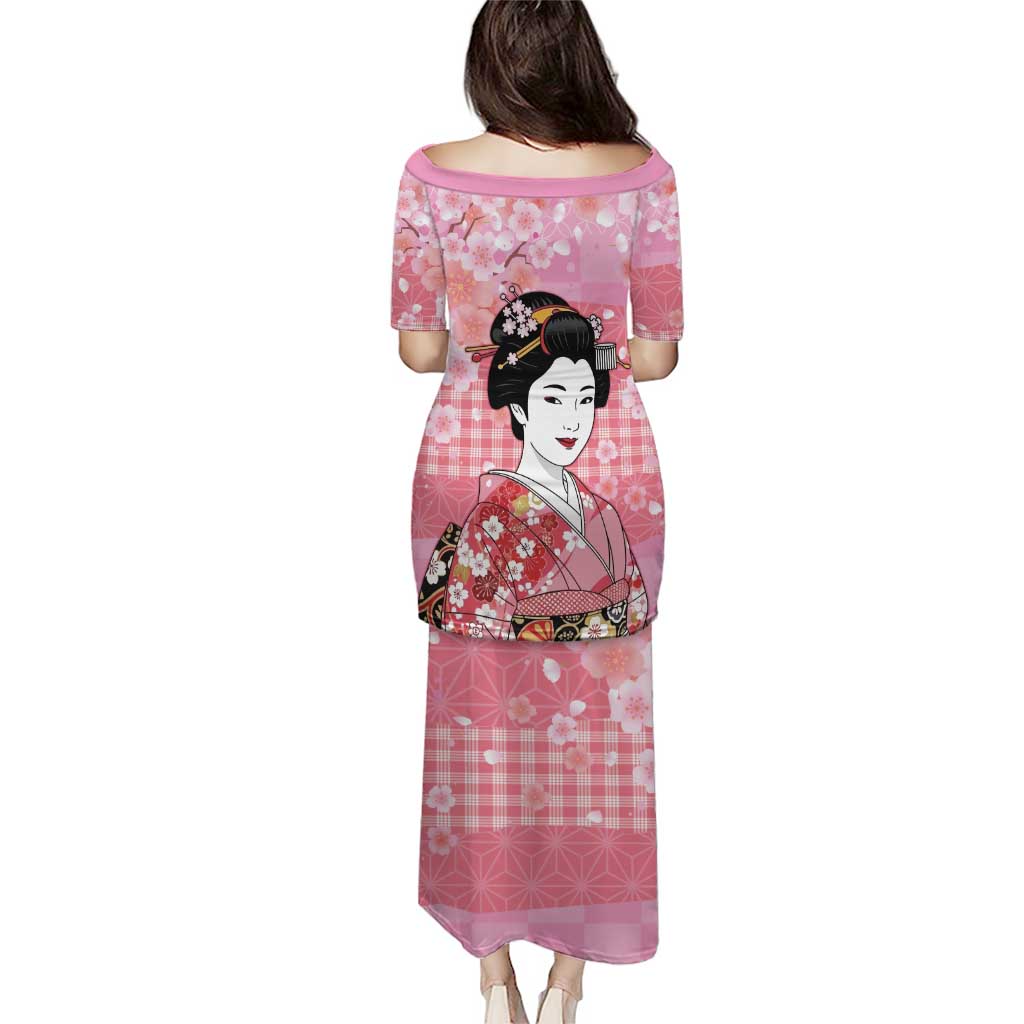 Japanese Geisha Cherry Blossom Puletasi Pink Palaka Hawaii Pattern Fusion Design LT19 - Polynesian Pride