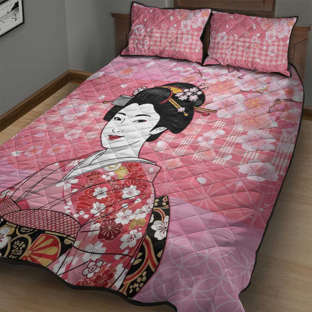 Japanese Geisha Cherry Blossom Quilt Bed Set Pink Palaka Hawaii Pattern Fusion Design LT19 - Polynesian Pride