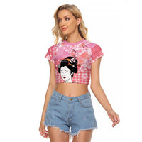 Japanese Geisha Cherry Blossom Raglan Cropped T Shirt Pink Palaka Hawaii Pattern Fusion Design LT19 Female Pink - Polynesian Pride