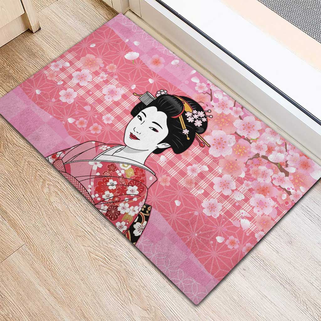 Japanese Geisha Cherry Blossom Rubber Doormat Pink Palaka Hawaii Pattern Fusion Design LT19 - Polynesian Pride